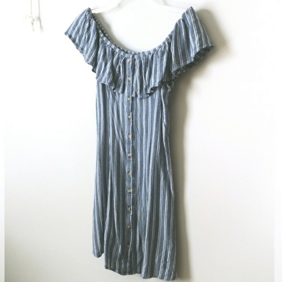 American Eagle Blue & White Pinstripe Off The Shoulder Dress Size Small - Picture 6 of 9